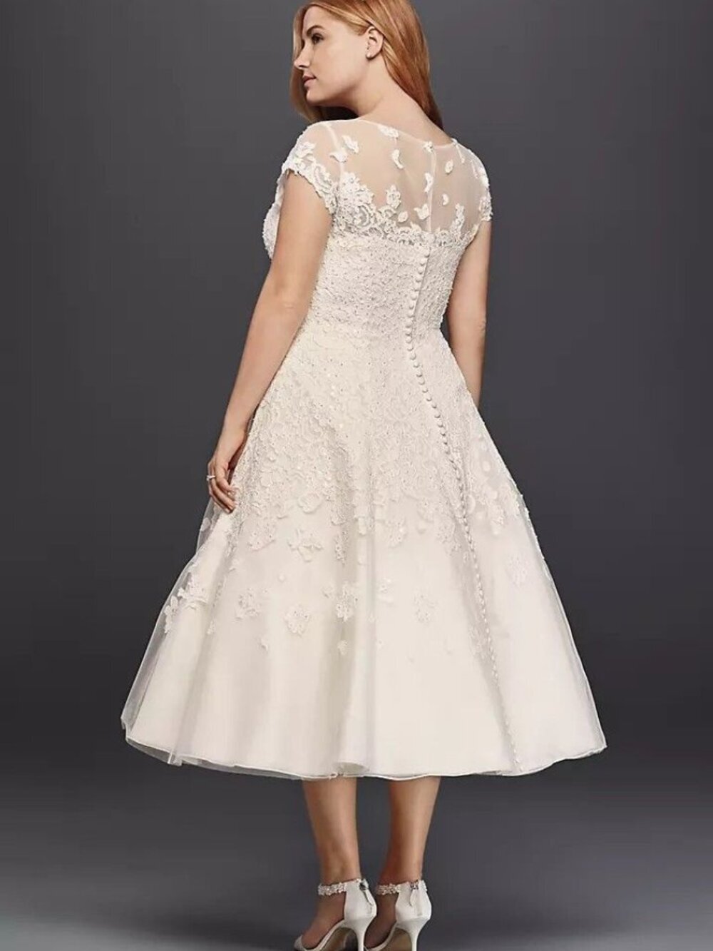 Oleg Cassini Cap Sleeve Illusion Neck Tea-Length Wedding Dress Ivory 16W NWT - Picture 2 of 6